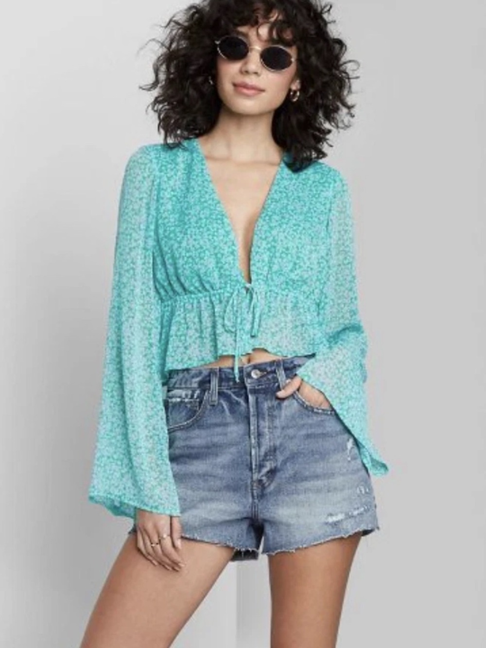 Wild Fable Women’s Cropped Semi Sheer Tie Waist Top in Green Floral Size SM NWOT
